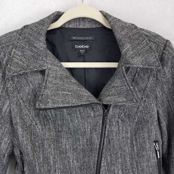 Bebe 4 Cropped Wool Moto Blazer Jacket Herringbone Belted Black/White Buckle - Picture 5 of 12